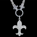 Silver fleur-de-lis pendant necklace with pavé diamonds and ram head accents - White Zirconia Fleur-De-Lis Pendant With Woven Chain