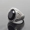 Polished silver steel ring for men featuring an oval black onyx gemstone inlay - Size 7 / Stainless Steel Black Faceted Stone