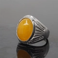 Titanium steel ring with silver band and oval yellow tiger eye stone inlay - Size 7 / Steel Setting Yellow Chalcedony