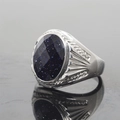 Men's titanium steel ring featuring a deep blue sandstone inlay and carved details - Size 7 / Steel Setting Faceted Blue Sandstone