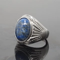 Vintage silver titanium ring featuring an oval blue lapis lazuli gemstone inlay - Size 7 / Steel Base Artificial Lapis Lazuli