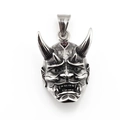 Hannya mask pendant in vintage steel with inlaid red garnet, centered on white background - Pendant Only (Without Chain)