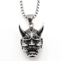 Japanese Hannya mask pendant necklace with red garnet inlay and vintage black steel finish - Pendant with Box Chain