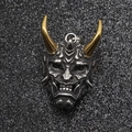 Hannya mask pendant with golden horns and vintage silver finish on black sand background - Gold Horn Hannya Pendant Only (Without Chain)