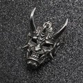 Gothic Hannya mask pendant in distressed silver titanium steel with intricate demon carving - Steel Color Hannya Pendant (No Chain)