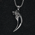 Wolf head pendant necklace in vintage stainless steel with black tooth and bead chain - Pendant with Box Chain