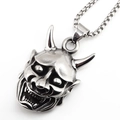 Vintage stainless steel Hannya mask pendant necklace with horns for men, retro finish - Large with Square Box Chain