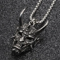 Gothic Hannya devil mask pendant necklace in retro silver steel with box chain style - Silver Hannya Necklace With Box Chain