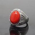 Polished silver stainless steel ring featuring a large oval red synthetic gemstone inlay - Size 7 / Stainless Steel Red Turquoise Style