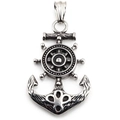 Retro stainless steel nautical pendant necklace featuring anchor and helm rudder design - Pendant Only (No Chain)
