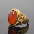 Polished gold-plated titanium ring featuring a large oval red agate stone for men - Size 7 / Gold Tone Orange Chalcedony