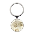 Macro detail of silver metal keychain featuring a vintage world map under glass cabochon - Silver Style 6 (XSWX6289-6)