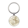 Detail view of a vintage world map keychain featuring a polished silver metal ring and glass dome - Silver Style 5 (XSWX6289-5)