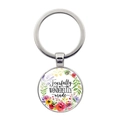 Detail of silver inspirational keychain with watercolor floral pattern and uplifting quote - Silver (Wonderfully Made) (XSWX6351-12)