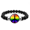 Detail of beaded bracelet showing rainbow peace sign pendant and black obsidian stones - Rainbow Peace Sign Style (XSWX6381-27)