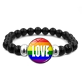 Rainbow stripe LOVE beaded bracelet with black elastic beads and round glass charm - LOVE Letter Rainbow Style (XSWX6381-23)