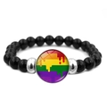 Close-up of black beaded bracelet featuring a rainbow fluid art pendant and silver accents - Rainbow Fluid Style (XSWX6381-20)