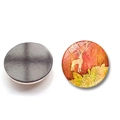Front and back view of a round Christmas elk crystal glass fridge magnet with magnetic back - Vintage Red-Orange White Deer Floral Style (XSWX6483-12-(30MM))