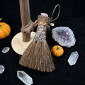 Detailed view of handmade witch broom with raw crystal stones and silver pentagram charm - Silver Pentagram Style (05)