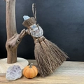 Detail of mini Wicca broom with raw crystals and silver crescent moon on wood stand - Geometric Crescent Style (06)