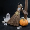 Detail of wicca mini broom with crystal stones and golden bee charm on dark background - Golden Bee Style (07)