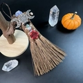 Mini Wicca broom with healing crystal stones and moon charm for altar decor - Triple Moon Rose Style (08)