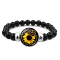 Elastic beaded bracelet with glossy black beads and Be Kind sunflower glass pendant - Be Kind Sunflower Style (XSWX6470-7)