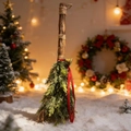 Mini Christmas tree broom decor with pine needles red ribbon and golden bell on snow - 60cm Broom