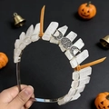 Handmade white crystal crown with silver moon symbol and orange devil horns for costume - White Crystal