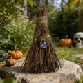 Close-up of a rustic witch broom decor with a blue raw gemstone and jute rope detailing - Lapis Lazuli / 10cm