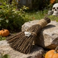 Macro view of handmade witch broom with natural stone charm on a rustic stone background - White Turquoise / 10cm