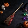 Handgefertigter Halloween-Hexenbesen mit Bambusstiel, Naturfasern und roter Blumendekoration - Zweigbesen Bambusstab Band Glocke Stil Typ 2