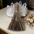 Handmade decorative witch broom with crystal stone and vintage metal pendant for altar decor - Besom with Witch and Citrine / 20x13cm