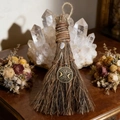 Detail of handmade witch broom with crystal pendant and triple moon goddess metal charm - Besom with Tree of Life and Rose Quartz / 20x13cm