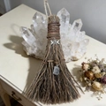 Close-up of witch broom with silver pentagram charm and translucent crystal stone pendant - Besom with Triple Moon and Labradorite / 20x13cm