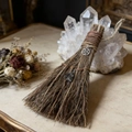 Detail of vintage witch broom with leather wrap, silver pentagram and obsidian crystal - Besom with Pentagram and Smoky Quartz / 20x13cm