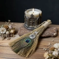 Detail of a handmade Wiccan besom with a peacock feather, pentagram charm and crystal - 24*10CM / Peacock Feather Pentagram White Crystal