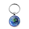 Silver metal keychain with round glass pendant featuring Earth and Moon space pattern - Earth Moon Style (XSWX6473-10)