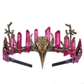 Detail of raven skull headpiece with pink crystal points and Viking compass engraving - Rose Red
