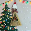 Handcrafted straw Christmas broom ornament with red ribbon and mini embroidered tree - White Hat Christmas Tree