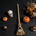 Miniature Halloween witch broom with skull motif and natural straw on black background - Ghost 3