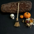Mini wooden witch broom decorative ornament with bat charm for Halloween decor - Bat 2
