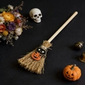Miniature wooden witch broom with black cat and pumpkin badge for Halloween decor - Cat