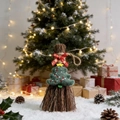 Handmade wooden Christmas broom with red ribbon and felt tree on a snowy background - Red Bow And Christmas Tree