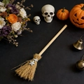 Miniature Halloween witch broom with wooden handle and silver pentagram star pendant - Solid Star