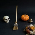 Mini witch broom decor with silver pentagram moon charm for Halloween rituals - Triple Phase Moon