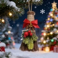 Escoba de Navidad decorativa con lazo rojo, campana y agujas de pino sobre la nieve - 17*8cm / Lazo rojo