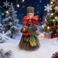 Mini escoba de Navidad con lazo rojo y piñas sobre fondo festivo nevado con luces - 17*8cm / Lazo Rojo Tipo 2