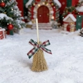 Mini Christmas broom ornament with red plaid bow tie and rustic straw texture detail - Plaid Style 1