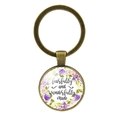 Antique bronze keychain with round glass pendant featuring floral text design - Antique Bronze (Fearfully Wonderfully Made) (XSWX6351-7)